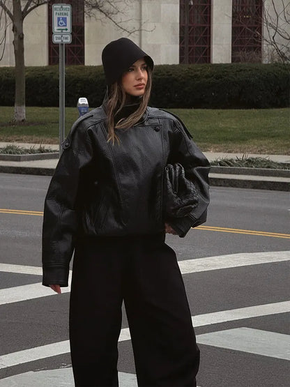 HH 2026 Giacca da donna alla moda in pelle sintetica nera con collo alto, maniche lunghe e cerniera, stile vintage, giacca in pelle sintetica stile streetwear