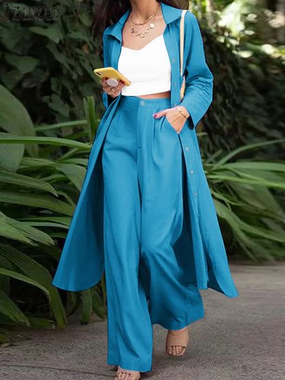 2025 ZANZEA Spring Fashion Long Sleeve Lapel Long Shirt Pant Sets Women Work Matching Sets 2pcs Outfits Solid Loose Trouser Suit