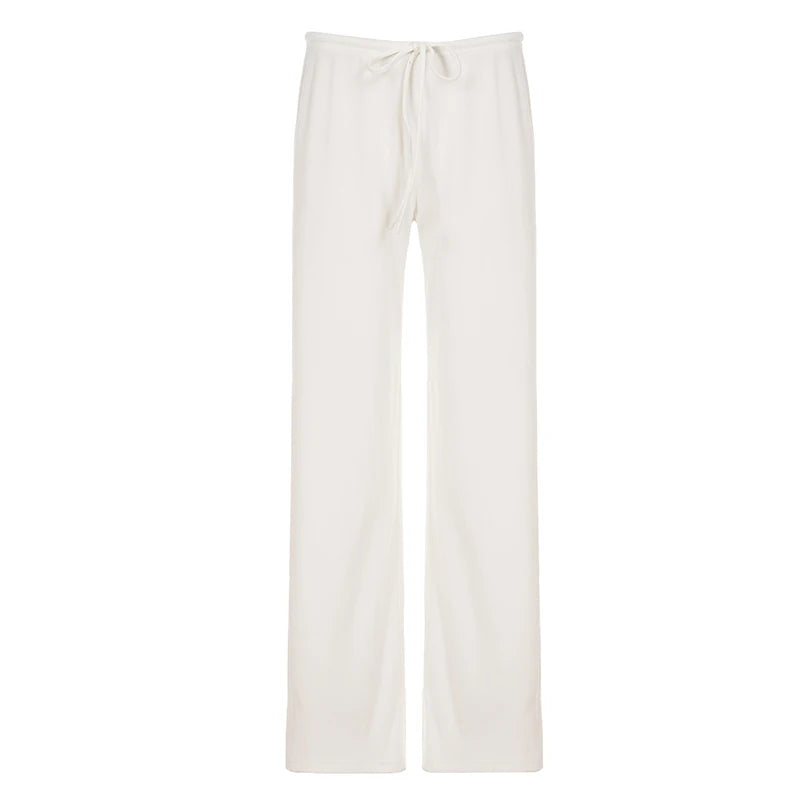 Basic Solid Low-Waisted Ribbed Knitted Pants Casual Loose Drawstring Wide Leg Pants Soft Comfy Lounge Wear Trousers Streetwear