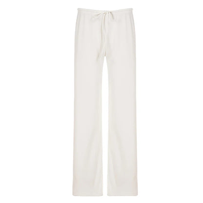 Basic Solid Low-Waisted Ribbed Knitted Pants Casual Loose Drawstring Wide Leg Pants Soft Comfy Lounge Wear Trousers Streetwear