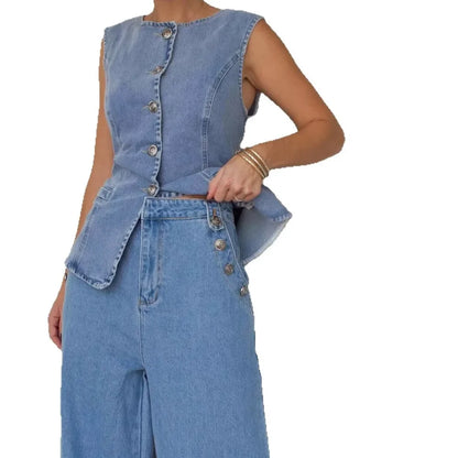 American Style Solid Color Fashion Sleeveless Vest And Jeans Set Straight Leg Wide Pants Women's Denim Outfit Cotton Material
