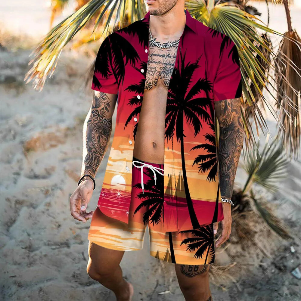 Completo da spiaggia hawaiano da uomo, 2 pezzi: camicia con stampa 3D, maniche corte, pantaloncini da spiaggia, camicia casual, set due pezzi alla moda per le vacanze.