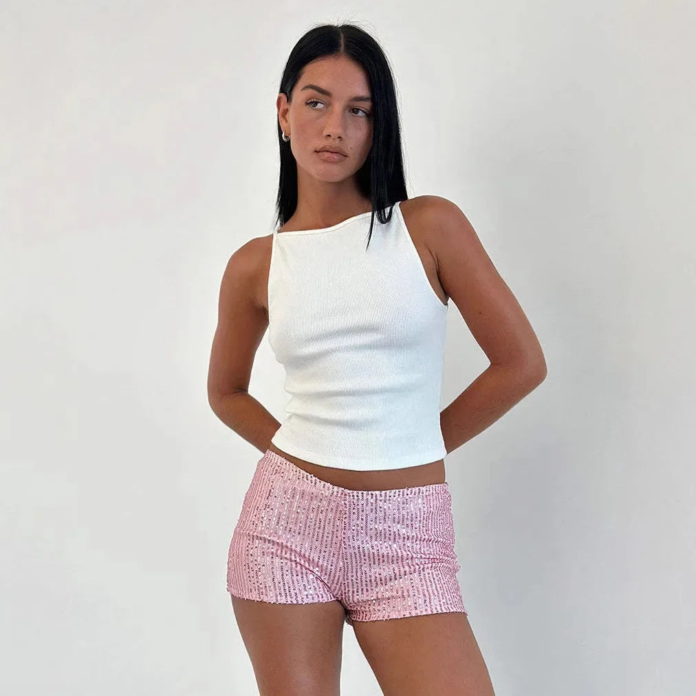 Fashionable Slim Fit Sequin Solid Color Black Mid Waist Sexy Straight Leg Women's Shorts 2025 Multicolor Hot Pants