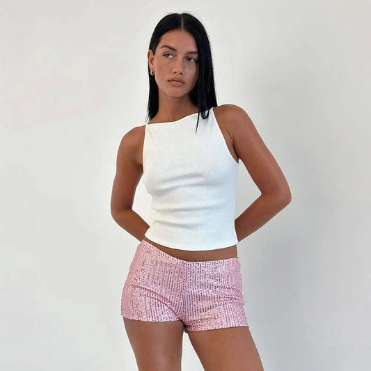Pantaloncini da donna sexy a vita media, gamba dritta, con paillettes, tinta unita nera, modello slim fit, 2025, multicolore, hot pants