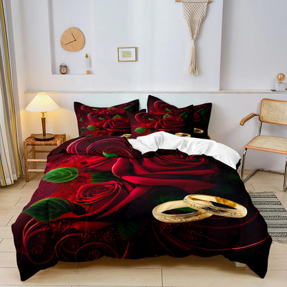3pcs- Valentine's Day Romantic Rose Pattern Love Theme Letter Pattern - Duvet Cover Set Suitable for Bedroom, Guest Room -