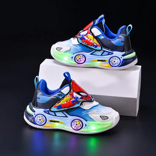 Scarpe casual per bambini con luci LED, motivo cartoni animati, in mesh, autunnali, per sport all'aria aperta, traspiranti e antiscivolo, nere e blu, taglie 21-30.