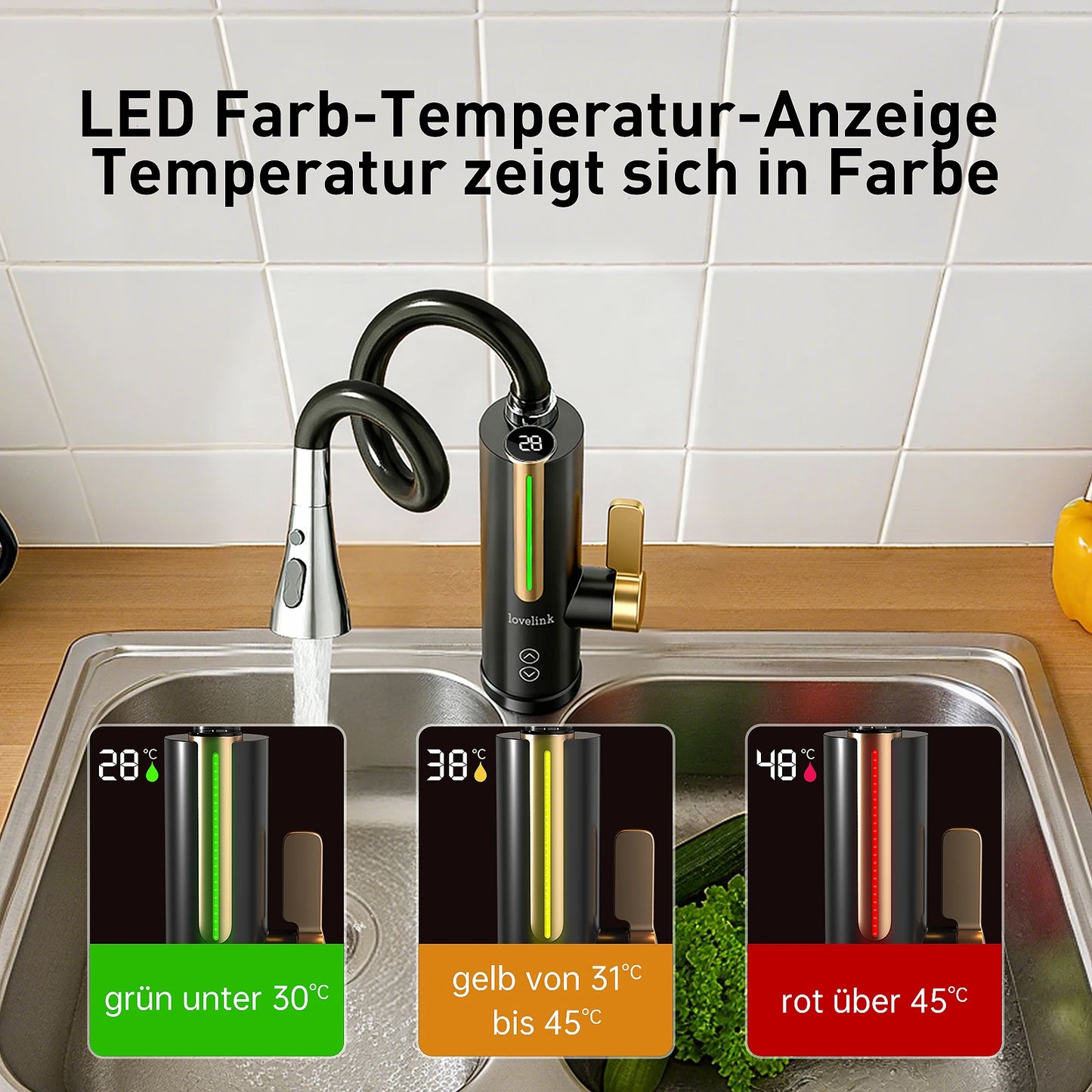 Lovelink faucet with instantaneous water heater with 360 ° flexible hose and color adaptive LED temperature display (black)