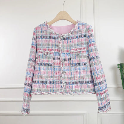 Giacca da donna di lusso di alta qualità, in tweed dolce, alla moda, con scollo rotondo e fibbia a diamante, cappotto da ufficio francese
