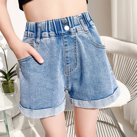 1 pz Pantaloncini di jeans estivi per bambina, a vita media, per neonate e adolescenti, casual, classici, alla moda, larghi, morbidi, in denim.
