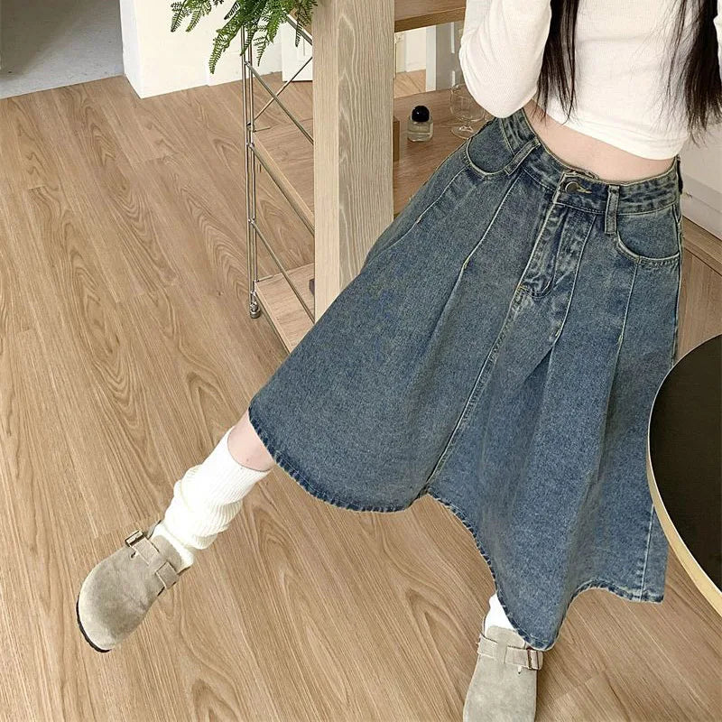 Gonna in jeans a vita alta da donna, alla moda estiva, vintage, stile vintage, per ragazze, casual, stile coreano, lunghezza media.