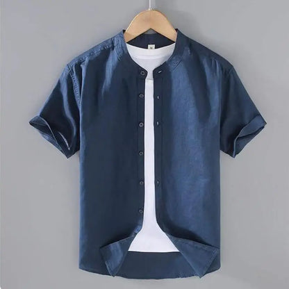 Camicia da uomo in cotone e lino a maniche corte, estiva, stile streetwear, tinta unita, collo alto, casual, stile spiaggia, taglie forti dalla M alla 3XL