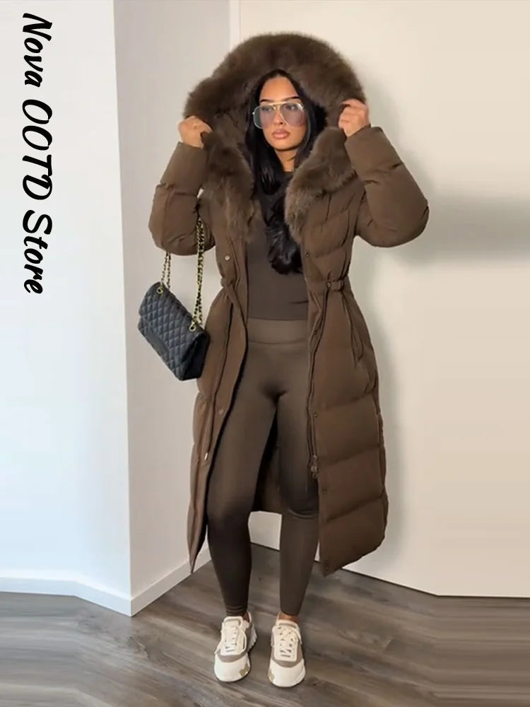 Elegant Fur Collar Hood Belt Long Cotton Jacket Women Zipper Drawstring Waist Parka Down Coat 2025 Winter Lady Warm Chic Outwear