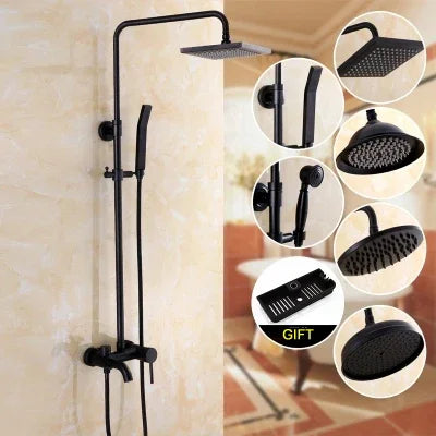 Bathroom Antique Black Painting Brass Lifting Column Wall Mount Shower Set 8" 3-Functions Hot Cold Rainfall Shower Mixer Tap