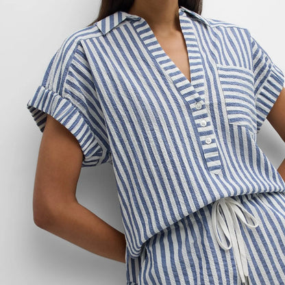 2026 New European & American Blue-White Stripe Short-Sleeve Set: Collared Half-Placket Top + Drawstring Shorts, 2-Piece for Casu