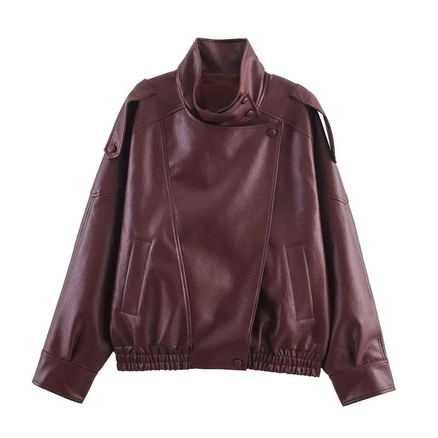 Retro Stand Collar Leather Jacket Women Solid Long Sleeve Lapel Zipper Short Loose Jackets 2026 New Lady Spring Autumn Outwears