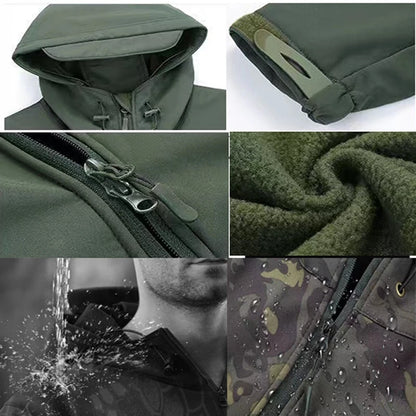 Completo da trekking impermeabile da uomo, giacca militare Sharkskin, cappotto da campeggio, pantaloni tattici, pantaloni caldi in pile da pesca, inverno