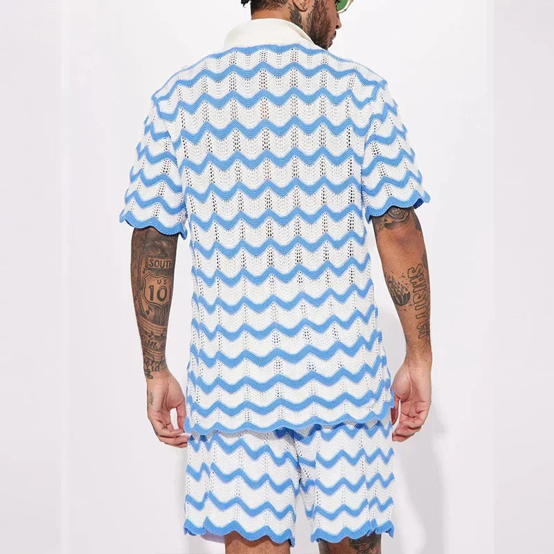 Completo estivo da uomo 2023, nuovo set composto da camicia e pantaloncini in maglia con stampa alla moda, due pezzi, abbigliamento sportivo e casual da uomo.