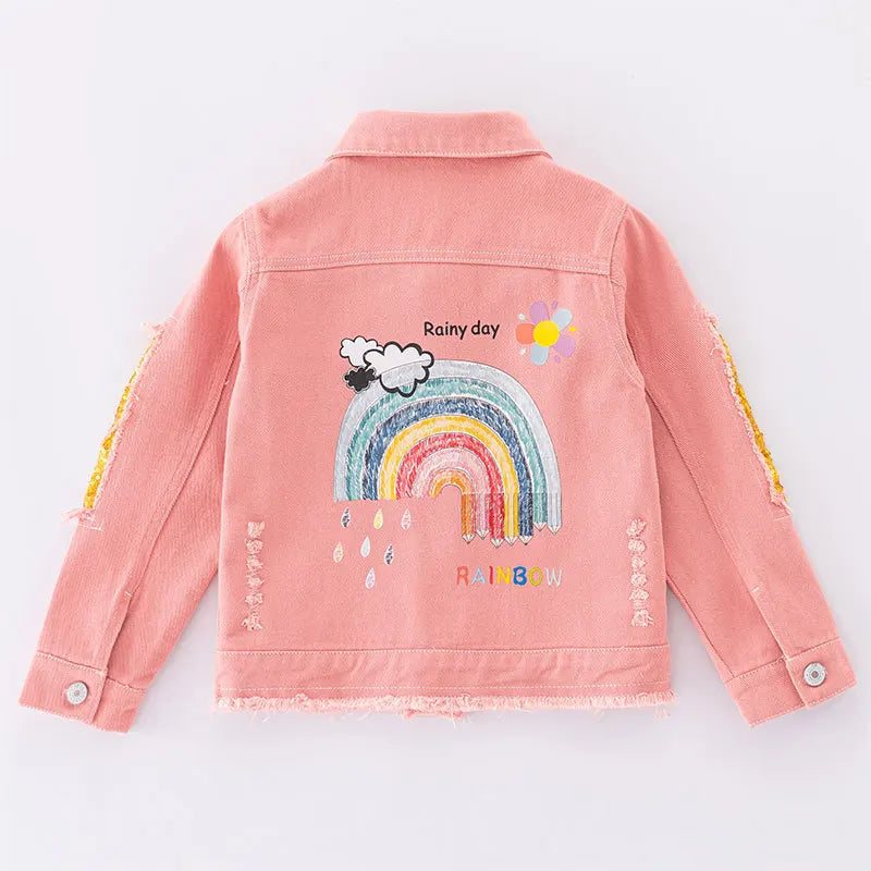 Giacca di jeans per ragazze adolescenti dai 5 ai 12 anni, nuova moda, rosa con paillettes arcobaleno, cappotto in jeans per ragazze, primavera autunno, capospalla per bambini