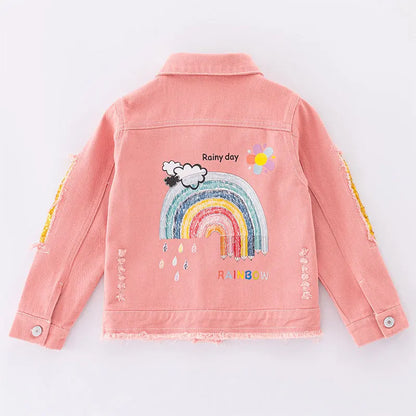 Giacca di jeans per ragazze adolescenti dai 5 ai 12 anni, nuova moda, rosa con paillettes arcobaleno, cappotto in jeans per ragazze, primavera autunno, capospalla per bambini