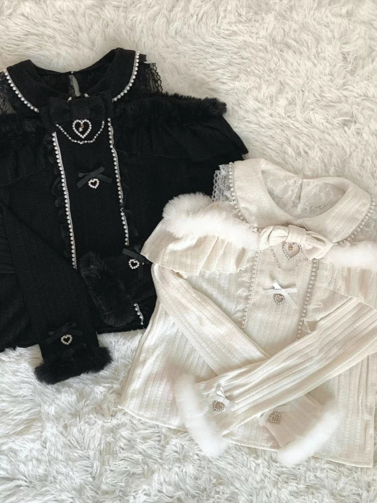 Japanese Sweet Girl Lolita Kawaii Outfits Women Bow  Knitted Blouses + High Waist Skirts New Harajuku Lovely 2 Piece Sets Winter