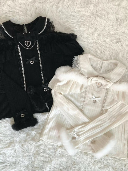 Japanese Sweet Girl Lolita Kawaii Outfits Women Bow  Knitted Blouses + High Waist Skirts New Harajuku Lovely 2 Piece Sets Winter