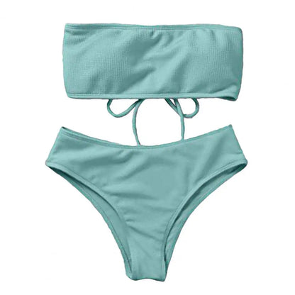 Costume da bagno da donna con imbottitura sul seno, senza ferretto, vita alta, due pezzi, fascia, slip da bagno, bikini diviso, abbigliamento da spiaggia 80%