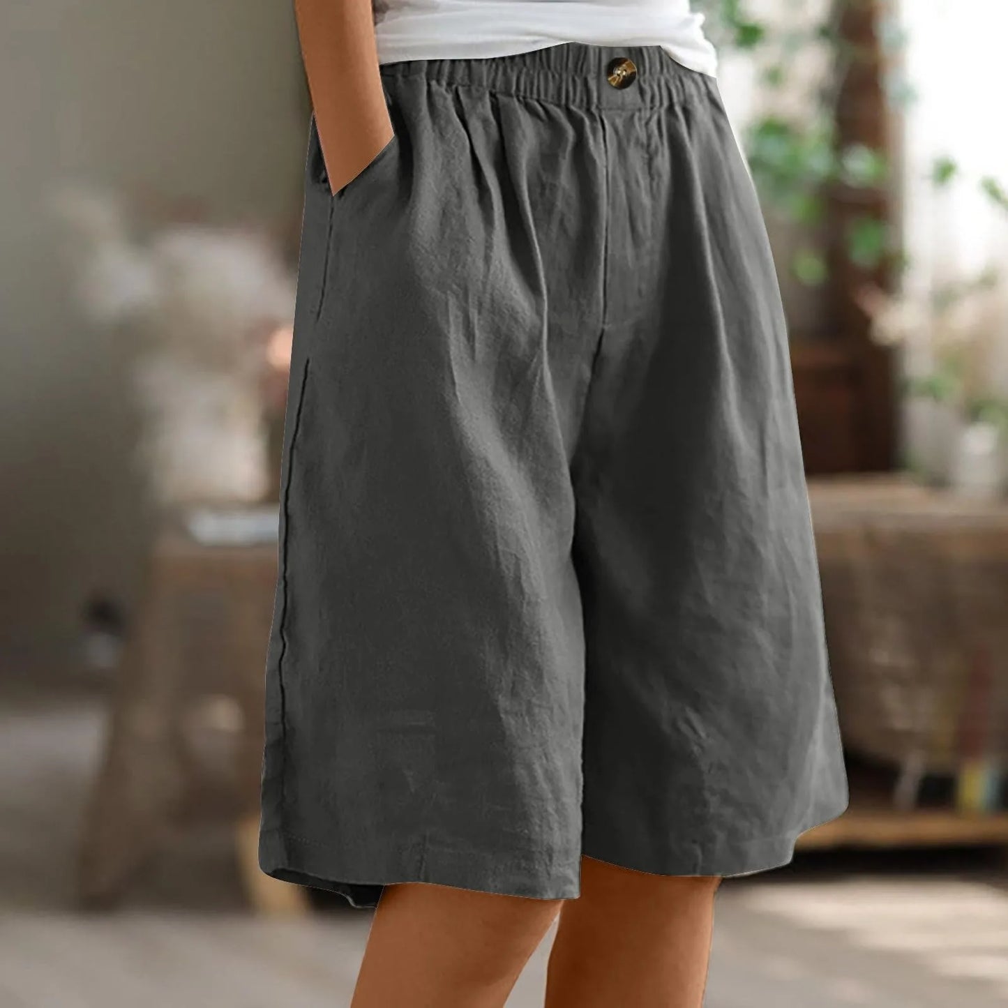 Female Fashion Solid Color Elastic High Waist Pocket Button Up Loose Cotton Linen Five Length Shorts Summer Soft Comfort Pants