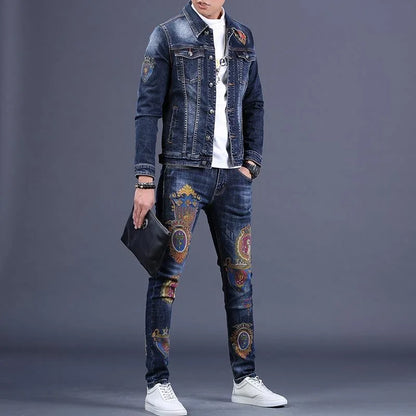 Completo in denim da uomo Primavera/Autunno 2025, Pantaloni slim alla moda da uomo, Giacca casual da uomo