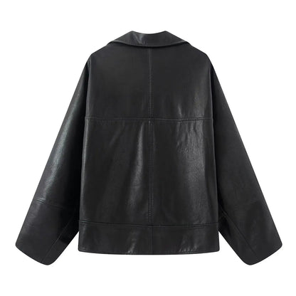 2025 Autumn American Retro Women Washing Black PU Leather Jacket Lapel 3 Buttons Full Sleeve Oversize Coat Loose Short Outerwear