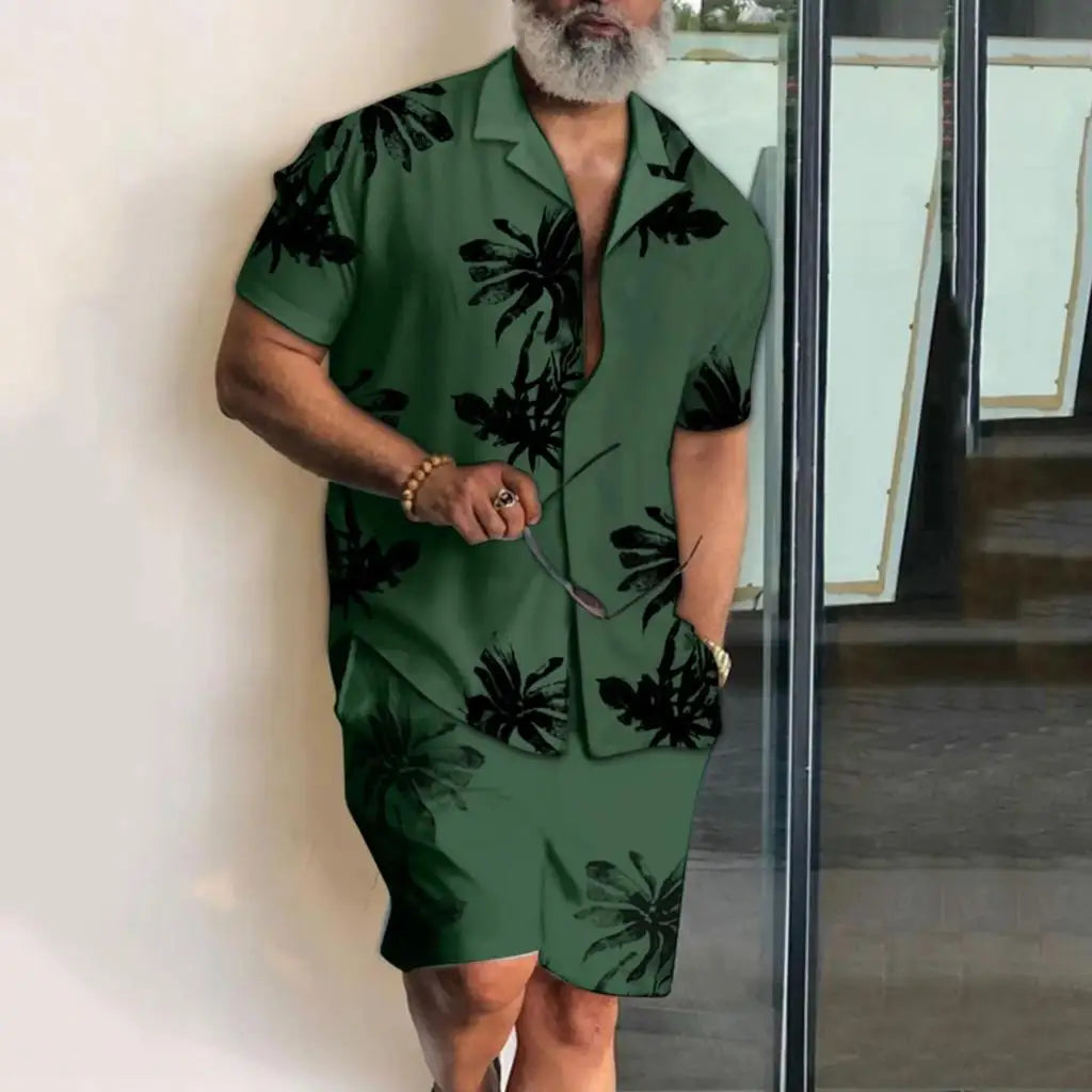 Completo da uomo con camicia a maniche corte e stampa 3D di palma da cocco, pantaloncini da spiaggia oversize, abbigliamento streetwear estivo e completi hawaiani.