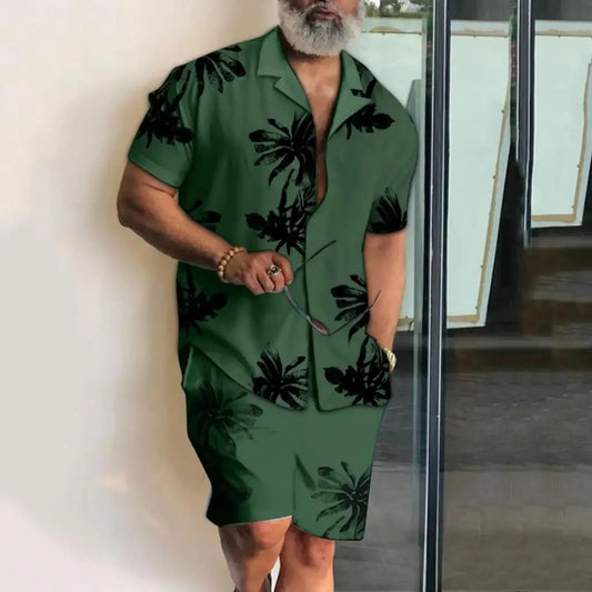 Completo da uomo con camicia a maniche corte e stampa 3D di palma da cocco, pantaloncini da spiaggia oversize, abbigliamento streetwear estivo e completi hawaiani.
