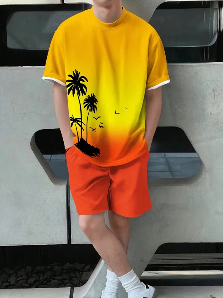 Completo estivo casual da uomo composto da 2 pezzi: pantaloncini a maniche corte con stampa hawaiana, t-shirt da uomo e pantaloncini da spiaggia per sport all'aria aperta.