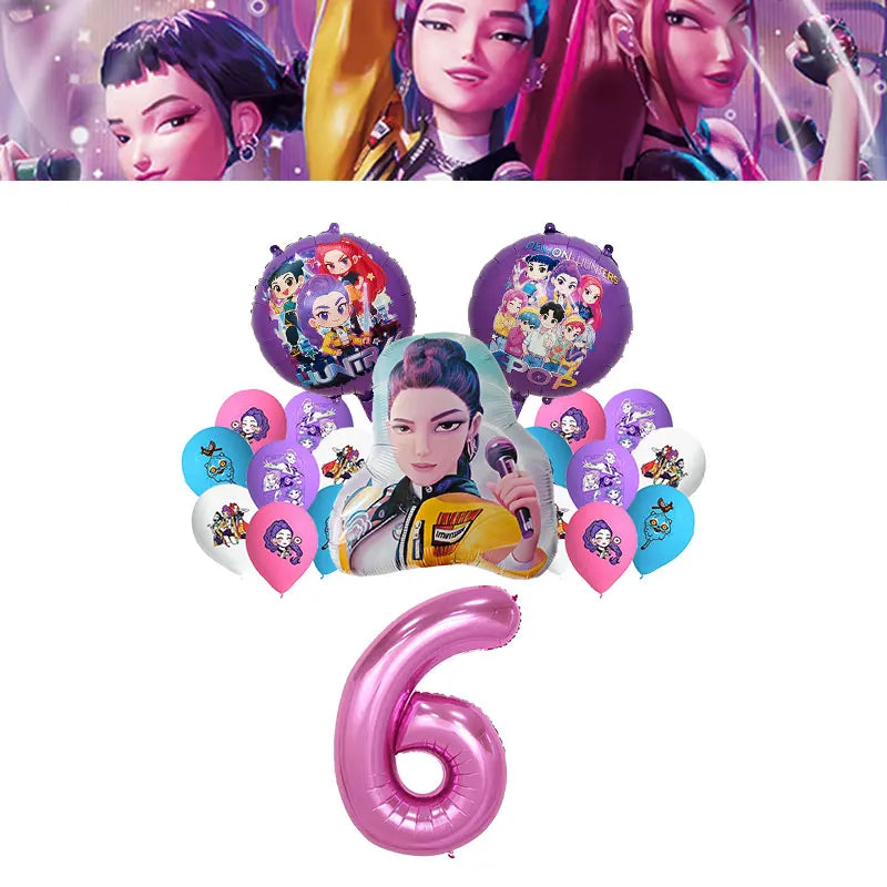 Kpop Demon Hunter Birthday Decoration Set Kpop Girl Cup Pate Happy Balloon Happy Banner Gift Bags Supplies for Kids Party Favors