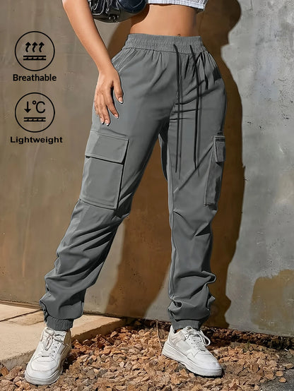 Pantaloni cargo da donna leggeri con vita regolabile e tasche con patta, ideali per attività all'aperto o lavoro, perfetti per primavera, estate e autunno.