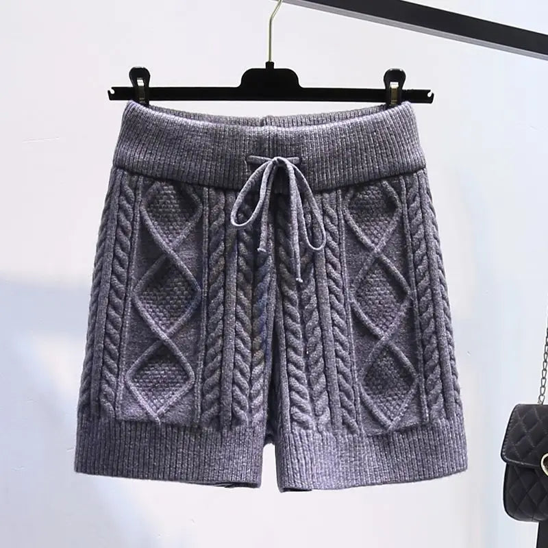 Pantaloncini da donna elasticizzati a vita alta con torsione, caldi e dolci, spessi, ideali per la casa, casual, dritti, a righe.