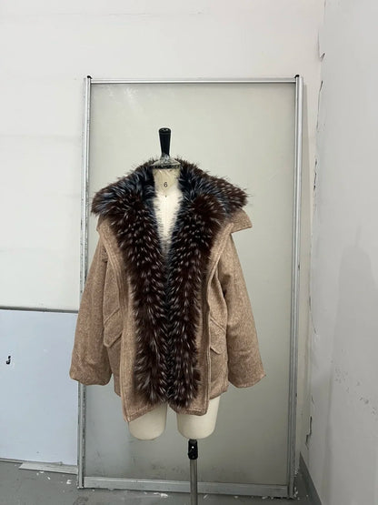 Oversized Winter Women's Coat Wide Faux Fur Collar Hooded Jacket Loose Single Breasted Outwears 2025 New Trendy Warm Lady Coats