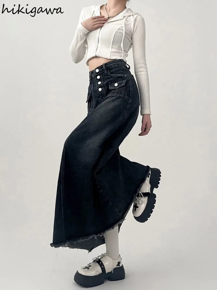 Streetwear Y2k Skirt for Women 2025 Ropa Mujer High Waist A-line Vintage Jupe Fashion Casual Korean Saia Long Denim Skirts 7n185
