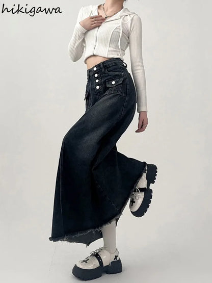 Streetwear Y2k Skirt for Women 2025 Ropa Mujer High Waist A-line Vintage Jupe Fashion Casual Korean Saia Long Denim Skirts 7n185