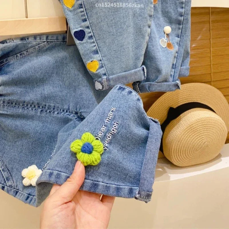 Jeans ricamati con fiori per bambina, jeans per bambini, pantaloni per bambina, pantaloni a gamba larga Daduhey, pantaloni harem, pantaloni per vestiti