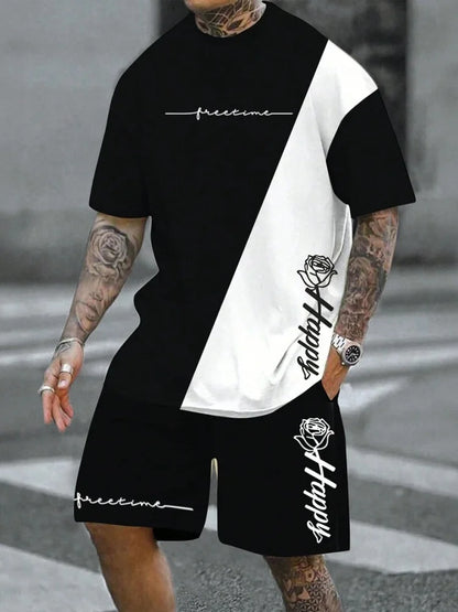 Completo estivo casual da uomo composto da t-shirt e pantaloncini 2026, abbigliamento sportivo taglie forti, t-shirt a maniche corte, pantaloncini con coulisse e tasca.