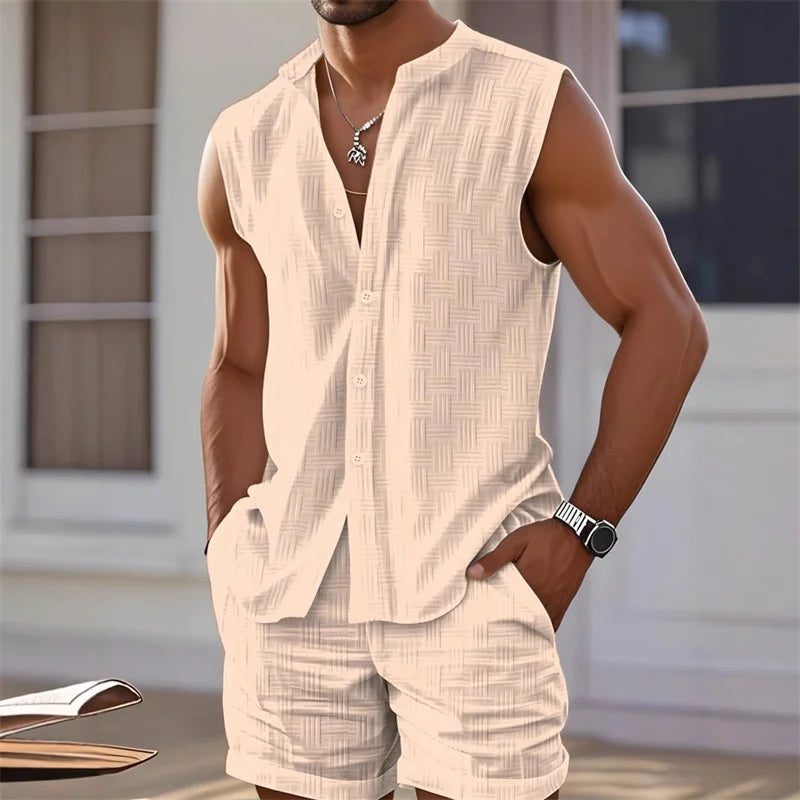 Completo da uomo 2025 composto da canotta, top senza maniche e pantaloncini a quadri, set casual e alla moda con pantaloncini senza maniche in stile hawaiano per la spiaggia.