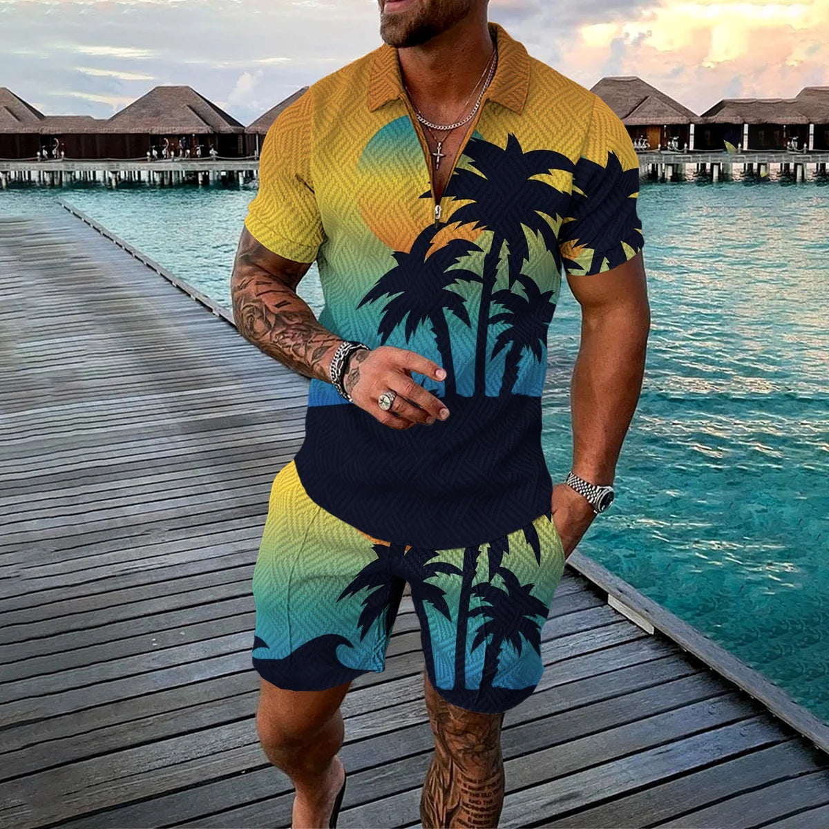 Completo estivo da uomo con stampa 3D, composto da polo con cerniera e pantaloncini, 2 pezzi, stile boho geometrico, abbigliamento per le vacanze.