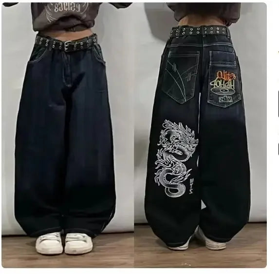 2024 Nuova tendenza americana 2024 Jeans larghi con ricamo hip-hop retrò per uomo e donna Y2K Harajuku Gothic Streetwear