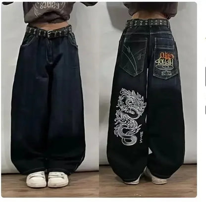 2024 Nuova tendenza americana 2024 Jeans larghi con ricamo hip-hop retrò per uomo e donna Y2K Harajuku Gothic Streetwear
