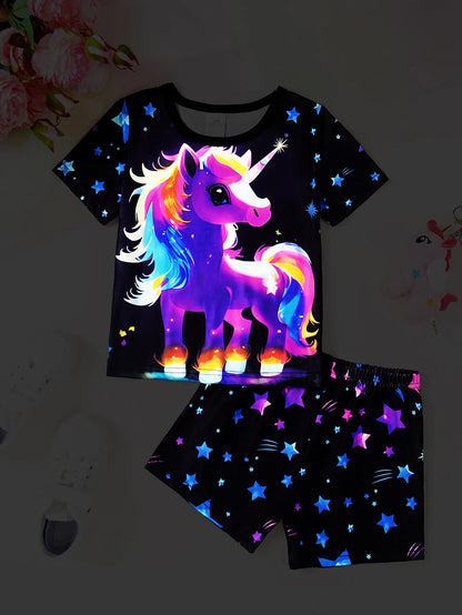 Set di 2 pezzi per pigiama estivo da bambina con unicorno luminoso, maniche corte e pantaloncini.
