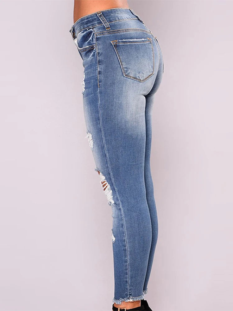 Women Ripped Jeans Tight Fitting Low Waist Skinny Zipper Pockets Woman Blue Denim Pants Lady Y2K 2026 Summer Hole Cropped Pants
