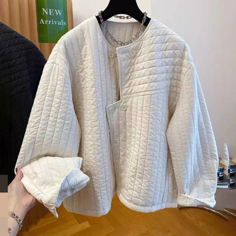 Crew neck light cotton clothes women's autumn and winter 2025 new casual irregular placket padded jacket top