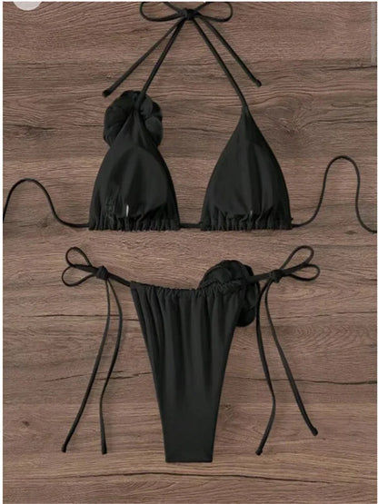 Set bikini sexy da donna, costume da bagno 2024, nero e bianco, stampa floreale 3D, micro bikini, costume da bagno brasiliano con ritagli, perizoma.