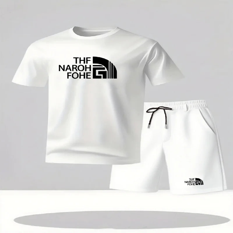 Completo estivo casual alla moda composto da t-shirt a maniche corte e pantaloncini, girocollo da uomo, completo sportivo traspirante a due pezzi a maniche corte