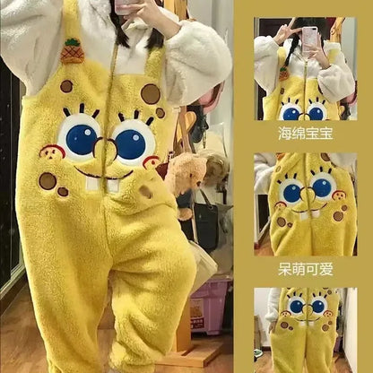 Kawaii Hangyodon Plush Siamese Pajamas Hooded Jumpsuit Pajamas Sanrioed Anime Cartoon Coral Velvet Homewear Thickened Nightgown